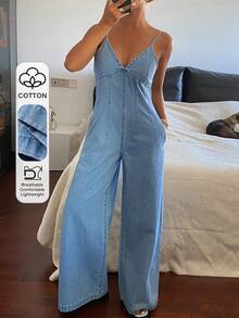 DAZY Bộ áo liền quần không tay cổ chữ V dành cho nữ, quần yếm denim kiểu dáng thường ngày cho kỳ nghỉ và áo liền quần. - Rửa nhẹ - Xem 1