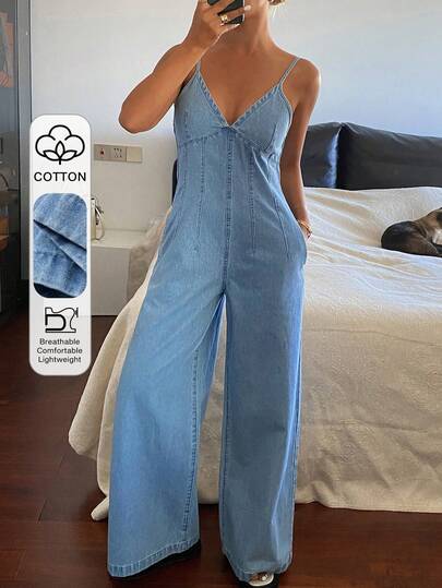 DAZY Bộ áo liền quần không tay cổ chữ V dành cho nữ, quần yếm denim kiểu dáng thường ngày cho kỳ nghỉ và áo liền quần.