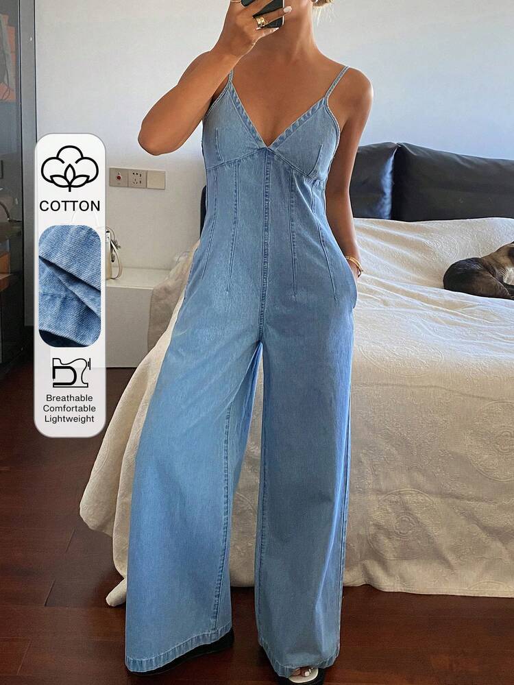 Women's V-Neck Sleeveless Jumpsuit, Casual Vacation Style Denim Bib Pants And Jumpsuit