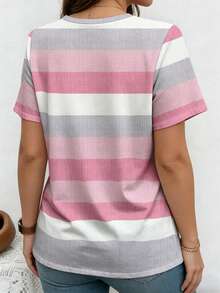 EMERY ROSE Plus Size Women's Summer Striped Print V-Neck Short Sleeve Casual T-Shirt, Graphic Tee For Women, Plus Size T-Shirt - Multicolor - View 2
