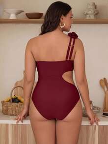 Swim Chiccia 2026 New Summer Beach Vacation Women's Solid Color Hollow Minimalist Sexy Stylish One-Piece Swimsuit, Plus Size One-Piece Swimwear Red - Burgundy - View 3