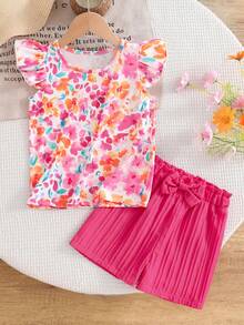 SHEIN Elladie kids Young Girl Floral Print Round Neck T-Shirt + 3D Bow Shorts Set - Blue - View 7