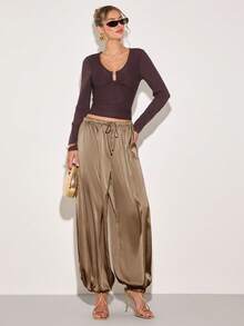 COSMINA Women's Satin Casual Tie-Up Pants, Versatile - Camel - View 5