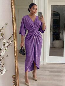 SHEIN Lady CURVE Plus Size Elegant Party Glitter Twist Waist Purple Dress Spring Summer Dress Party Dress Wedding Guest Dress For Women Birthday Dress  Elegant Dresses For Women Vacation Sparkly Dress Spring/Summer Dress  Party Dress  Wedding Guest Dress For Women  Birthday Dress  Elegant Dresses For Women Sparkly Dress Twist Front Dress Purple Elegant Dress Women - Purple - View 1