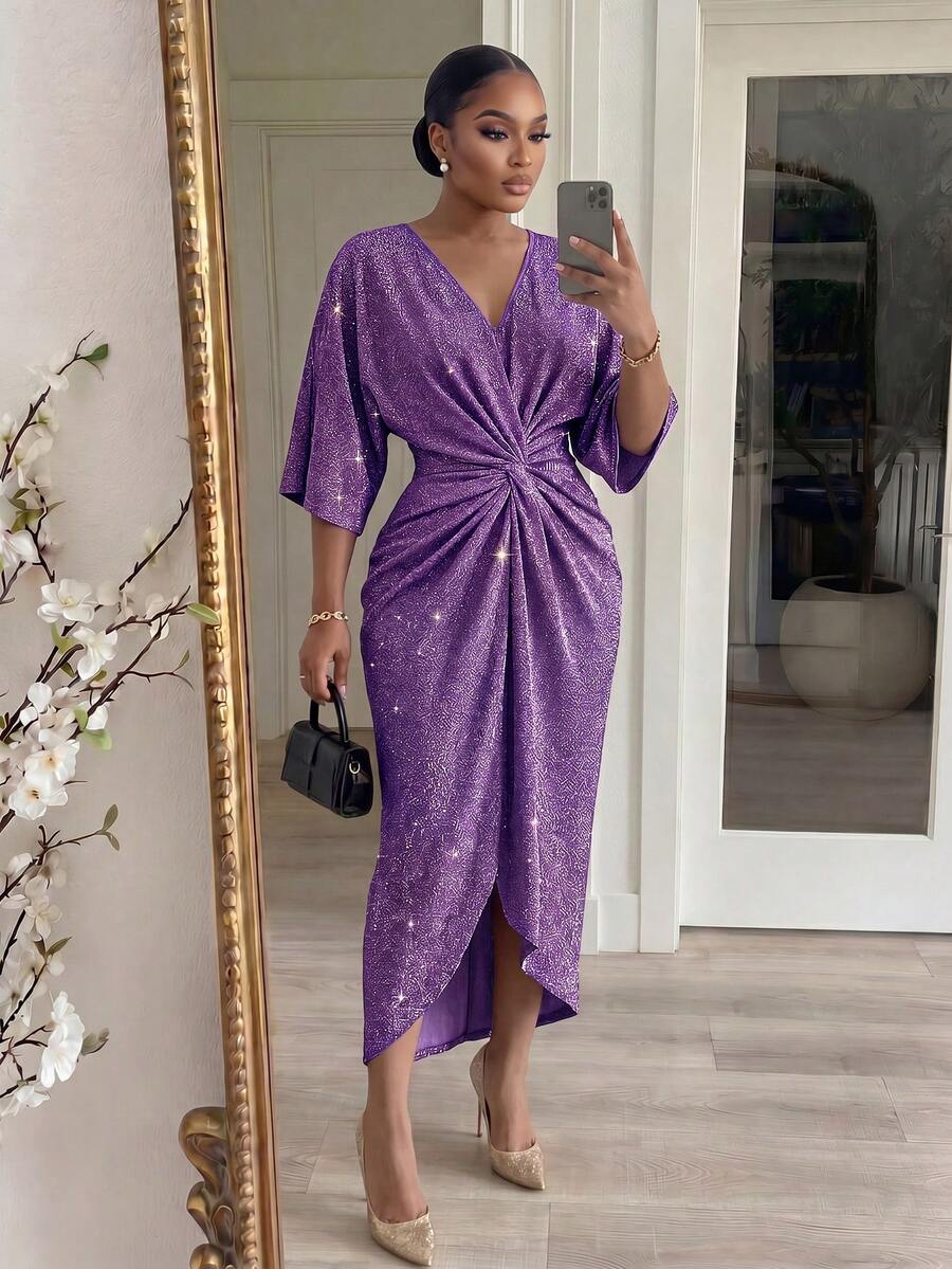 SHEIN Lady CURVE Plus Size Elegant Party Glitter Twist Waist Purple Dress Spring Summer Dress Party Dress Wedding Guest Dress For Women Birthday Dress Elegant Dresses For Women Vacation Sparkly Dress Spring/Summer Dress Party Dress Wedding Guest Dress For Women Birthday Dress Elegant Dresses For Women Sparkly Dress Twist Front Dress Purple Elegant Dress Women - Purple - View 1
