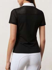 SHEIN With My Calm Women's Contrast Color Zipper Design Short Sleeve Equestrian Top - Black - View 5