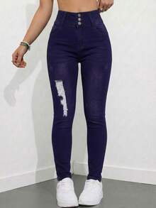 Women's High Stretch Stretch Jeans Tight Blue Set Double Set - Azul Denim Vintage e Índigo Oscuro Profundo - View 4