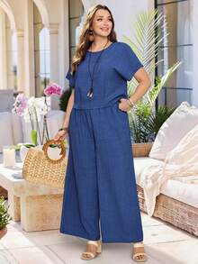 Rosumi Plus Size Women's Royal Blue Summer Casual Vacation 2-Piece Set,Round Neck Short Sleeve Solid Cropped Top And Wide Leg Pants,Holiday Boho Outfits - Navy Blue - View 1