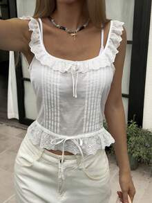DAZY Tank Top Wanita Kasual Musim Panas Seksi Berbahan Jala Bordir Warna Putih untuk Golf - Putih - View 2