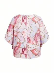 Enliva Blusa de manga de murciélago con estampado de mármol en talla grande, para el verano - Multicolor - Ver 6