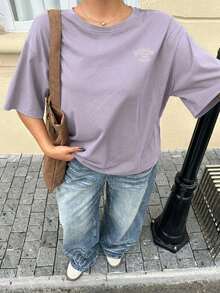 Dazy Plus 宽松字母印花圆领休闲加大码棕色T恤，女士，春夏款 - 淡紫色 - 查看 7