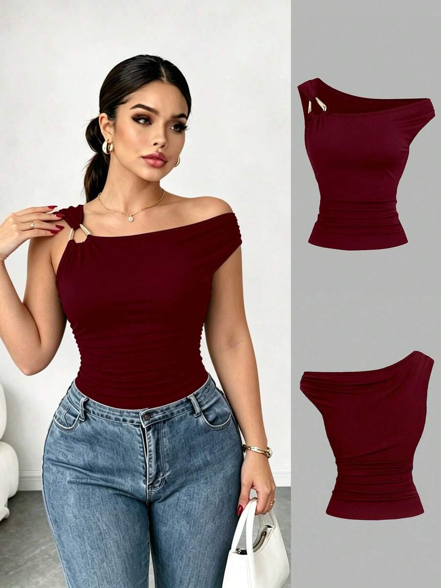 Elenzga Plus Size Asymmetric Collar Fitted T-Shirt, Versatile Casual Top, Spring/Summer - Burgundy - View 1