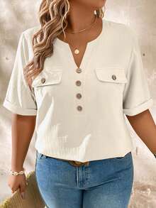 EMERY ROSE Plus Size Casual Notched Collar Wood Button Decor Short Sleeve Shirt - Apricot - View 4