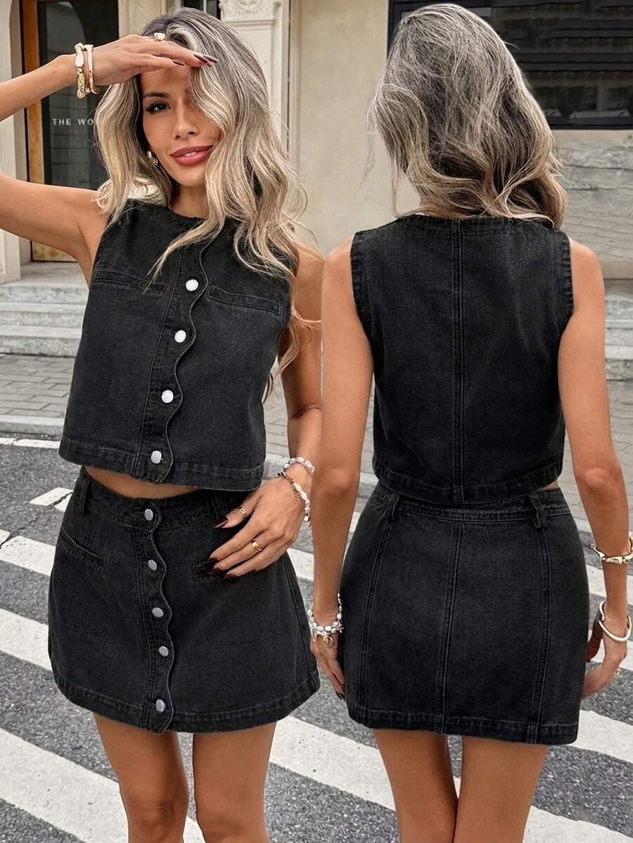 Serisse Bộ áo gile và chân váy denim dành cho nữ - màu đen - Xem 1