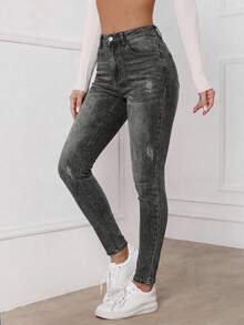 EMERY ROSE Quần jean denim nữ dáng ôm có túi, đa năng, thích hợp mặc thường ngày. - Xám - Xem 1