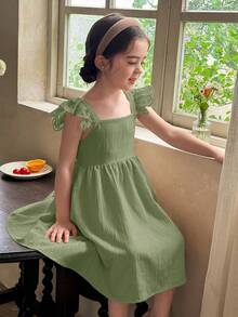 LMoss Kids Young Girl Woven Solid Color Square Neck Ruffle Hem Casual Dress - Olive Green - View 6
