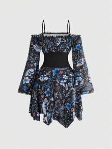 ROMWE Fairycore Hippie Autumn Leaf Forest Witch Floral Plant Leaf All-Over Print Criss-Cross Backless Off-Shoulder Mini Dress - Blue - View 2