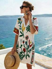 SHEIN Holidaya 简约米色和黑色花卉印花V领短袖宽松A字连衣裙，适合工作和休闲场合，版型修身，花卉图案装饰 - 彩色 - 查看 3