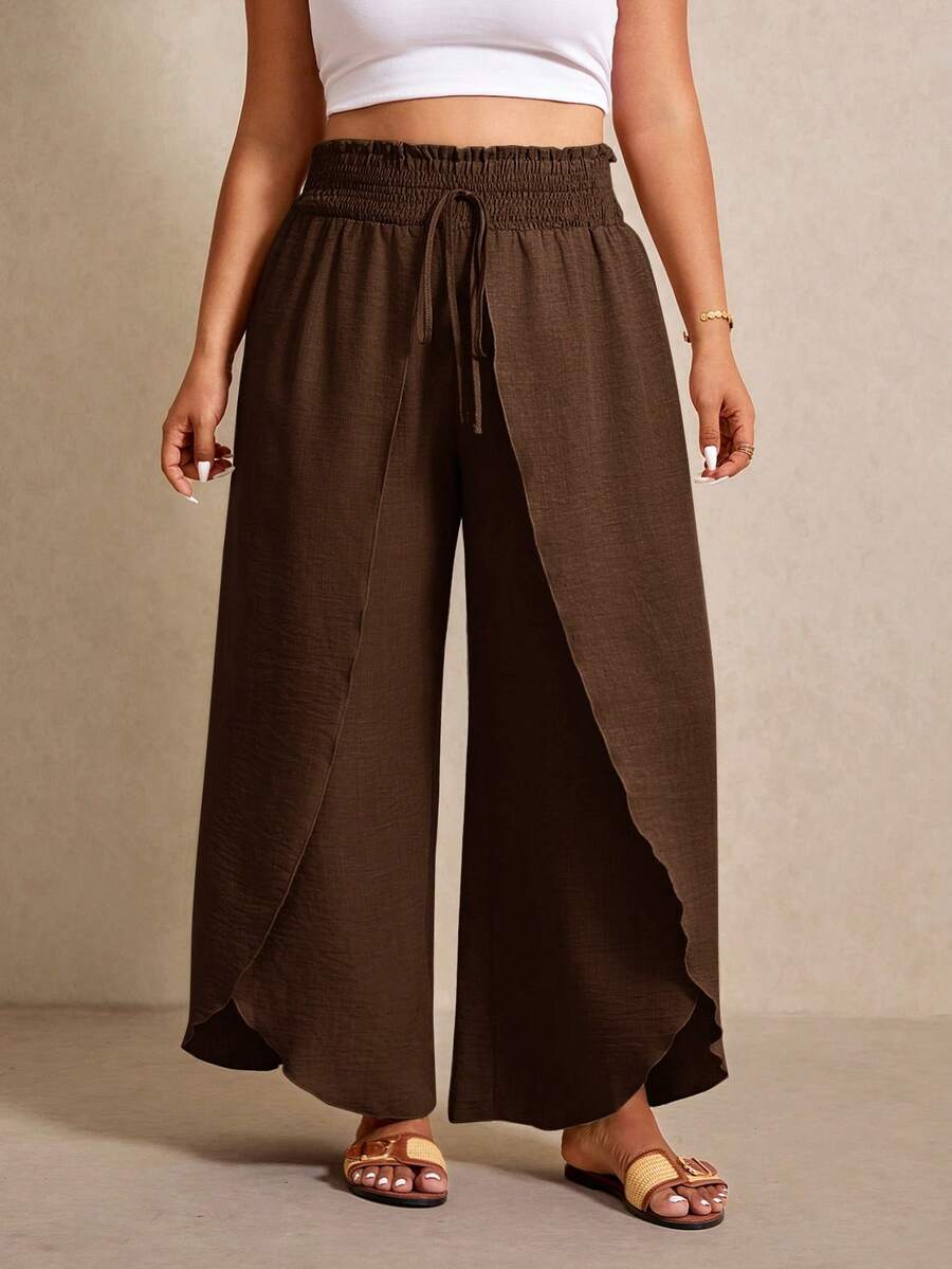 Elaquor Plus Size Casual Boho Solid Color Wrap Wide Leg Pants Vacation Brown Summer - Brown - View 1