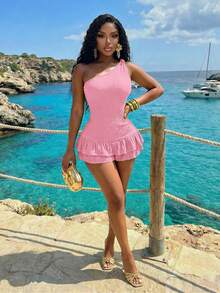 Slaydiva Women Soft Pink Summer Casual One-Shoulder Knotted Multi-Layer Ruffle Jumpsuit,Slim Fit Textured Beach Holiday Vacation Resort Fashion Outfits - Pink - View 5