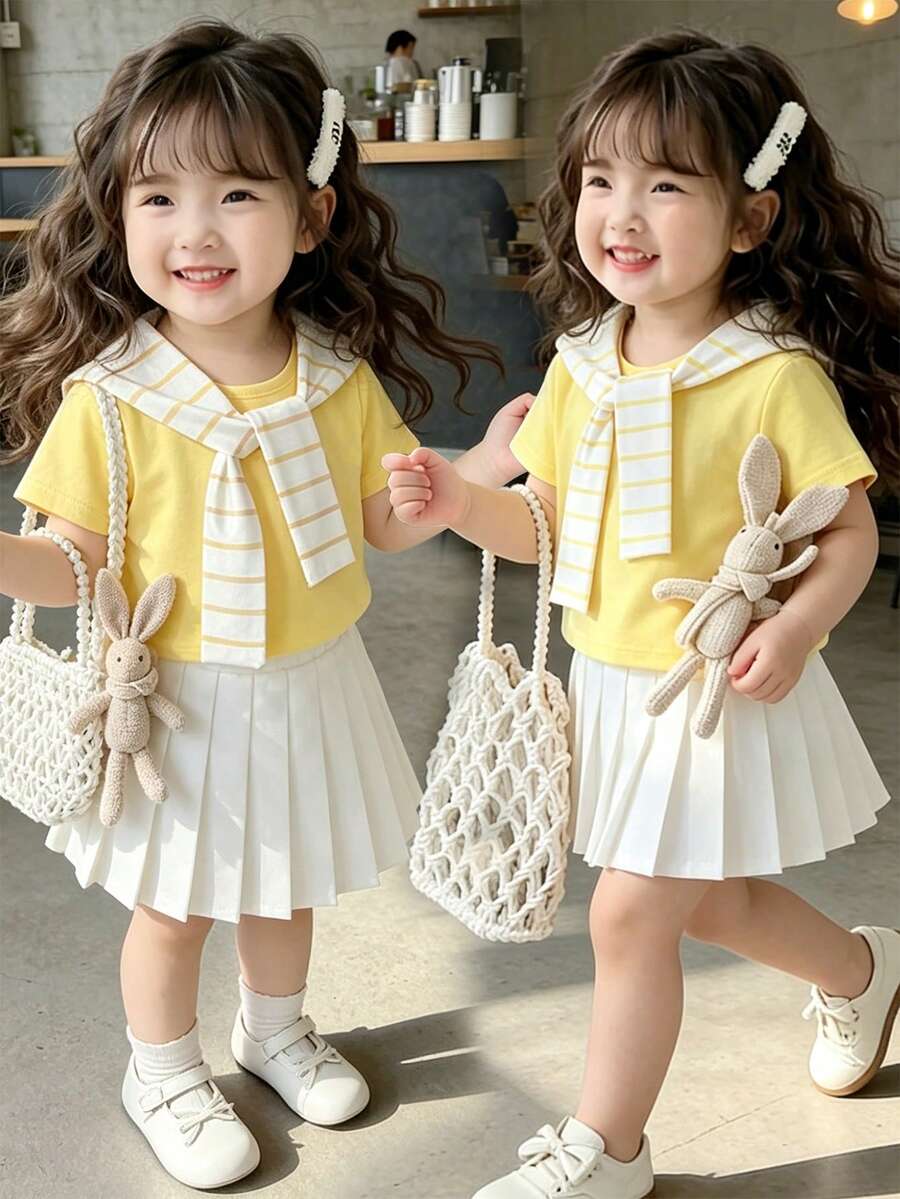 SHEIN Playful Pals 3件組 幼童嬰兒女童夏季可愛白色套裝 百褶裙條紋披肩休閒T恤 時尚校服服飾 - 黃色 - 查看 1