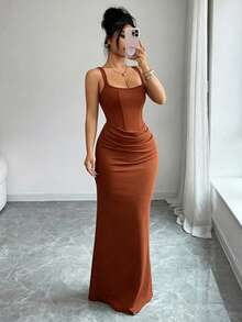 Selianne Đầm hè gợi cảm mới, đầm đen, cổ vuông kiểu Pháp, viền corset giả, dáng đuôi cá, thiết kế xếp ly eo, đầm đuôi cá, đầm dự tiệc cưới, thích hợp cho kỳ nghỉ, hẹn hò, tiệc tùng, ngày Valentine, đám cưới. - Màu nâu  Mocha - Xem 5