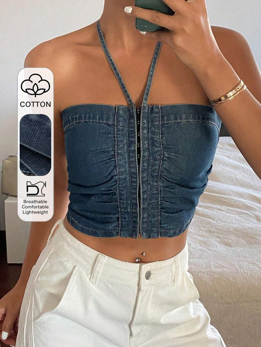 DAZY Áo crop top denim nữ mùa hè xếp ly, kiểu quây cổ buộc dây, gợi cảm. - Rửa trung bình - Xem 1