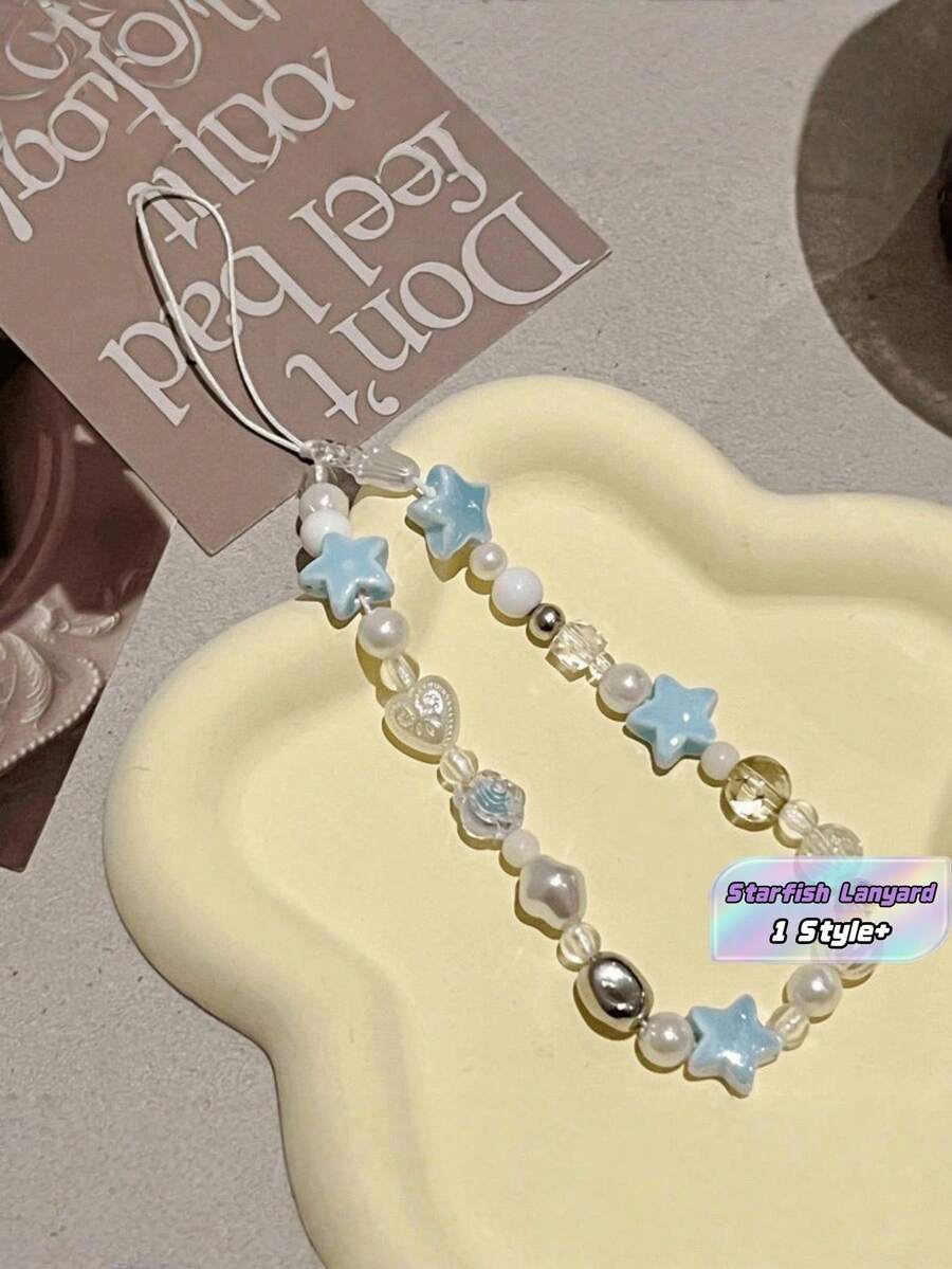 1pc Ceramic Starfish Phone Lanyard Lightweight Sturdy Anti Lost Breakaway Safety Clasp Beach Style Cute Nautical Decor Light Blue Color Phone Strap For Women Summer Vacation Ocean Themed Seaside Party Poolside Gift Popular Phone Accessory Travel Essential - Sea Breeze Blue Star Eyes Lanyard - View 1