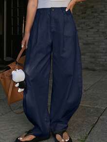 DAZY Women's Loose Solid Color Harem Pants With Pockets, Casual For Spring & Summer - Navy Blue - View 3