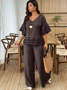 Weeklong 2pcs/Set Plus Size Women's Floral Trim Sleeve & Hem Round Neck Loose Top And Straight Leg Pants, Suitable For Vacation And Daily Wear, Spring/Summer - Brown - View 4