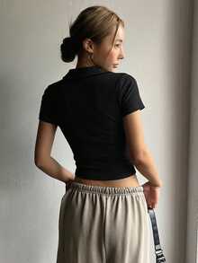 DAZY Women's Solid Color Polo Collar Fitted Short Sleeve T-Shirt Crop Top - Black - View 2
