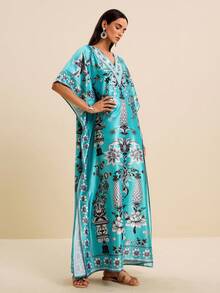 LOTSLUV Vestido de mujer con estampado, cuello en V, manga de murciélago suelta, azul-verde y negro, adecuado para vacaciones de primavera/verano - Verde - Ver 3