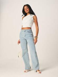MISSGUIDED Street Pinstripe Straight Fit Jeans - Blue and White - View 2