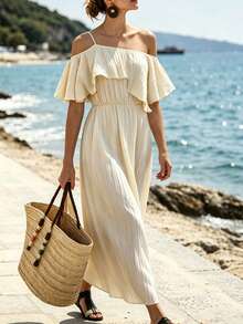 SHEIN Holidaya Vestido casual de primavera/verano para vacaciones de mujer, con un tirante, ribete de volantes, tela texturizada, vestido entallado en la cintura con silueta evasé - Albaricoque - Ver 5