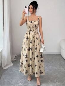 SHEIN Raffinéa Đầm maxi dáng chữ A không tay màu đen in hoa, thanh lịch, kiểu dáng thường ngày dành cho nữ, thích hợp cho kỳ nghỉ hè, có xếp ly ở ngực và dây rút ở eo. - Màu be - Xem 8