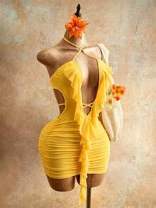 Mistrie Women's Short Hollow Tie Ruffle Hem Dress - Yellow - View 3