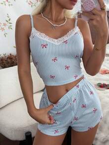 Softscene Lace Patchwork Striped Bow Print Camisole & Shorts Women Pajama Set - Multicolor - View 6