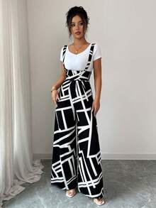 Elenzga Bộ jumpsuit nữ ống rộng in họa tiết hình học, kiểu dáng thường ngày. - màu đen - Xem 6