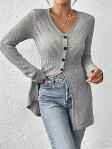 EMERY ROSE Cárdigan de punto fino con escote en V y calado, diseño coreano para mujer - Gris - Ver 4