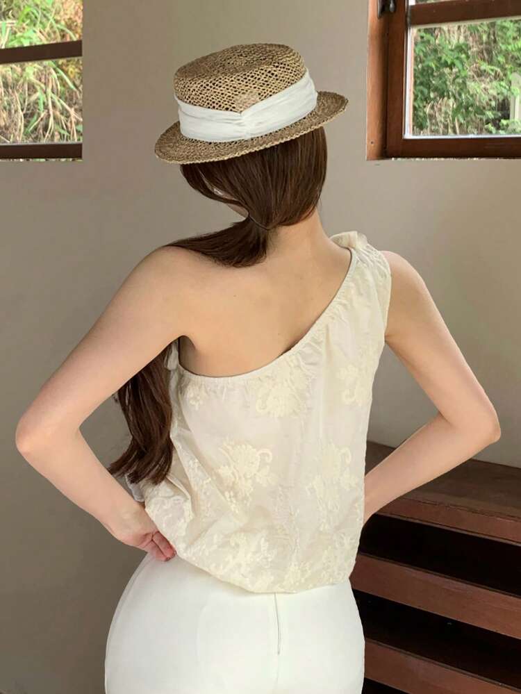 Women's Spring/Summer Floral Print Blouse With Asymmetrical Shoulder Neckline, Casual Vacation Beach Style, Elegant Short Sleeve Shirt Y2k