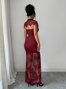 SHEIN Elenzya Women's Contrast Lace Hollow Out Design Fitted Elegant Dress - Burgundy - View 2