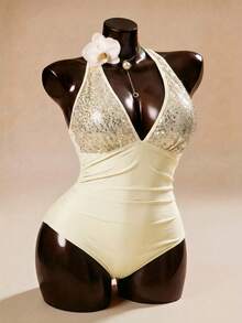 Auralis Plus Size Women's Sequin Detail Sexy One-Piece Swimsuit, Suitable For Pool And Beach - Apricot - View 2
