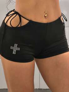StreetHx Quần short nữ gợi cảm, khoét lỗ, đan chéo, đính đá lấp lánh, kiểu dáng thường ngày. - màu đen - Xem 5