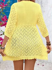 SHEIN Clasi Cárdigan casual de talla grande con botones delanteros y lazo, para vacaciones - Amarillo claro - Ver 2