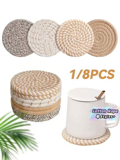 1PC/8pcs Pack Coasters With Holder, Minimalist Table Woven Coasters, Kitchen Table Heat-Resistant Coasters And Thick Insulation Pads For Kitchen Decor,4 Colors Assorted Coaster Set For Home Decor, Living Room Decor, Kitchen Decor Tabletop Protection Suitable For Kinds Of Cups, Christmas For Holiday Gift Giving
