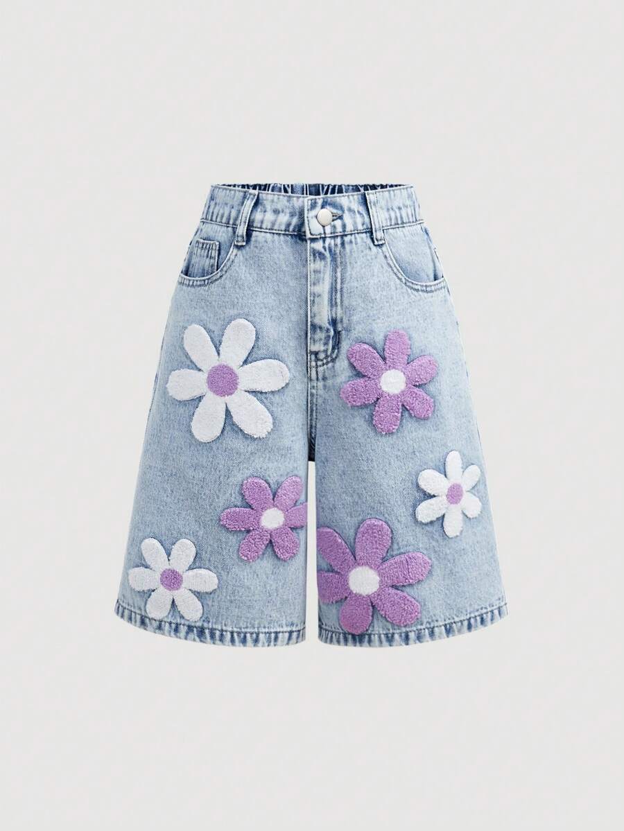 SHEIN Girlism 青少年女孩時尚休閒 Y2K 復古酷街頭可愛彩色花卉圖案毛巾藍色丹寧寬鬆短牛仔褲,適合日常穿著、春夏季 Rave 音樂節與街頭穿搭 - 淺色水洗藍 - 查看 1