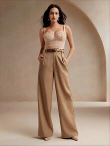 Anewsta Elegant French Lace Rhinestone Embellished Fitted Camisole, Sexy Open Back Spaghetti Strap Top - Apricot - View 7