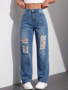 Set 2 Jeans Mom High Rise Pants Light Dark Dark Torn Ankle Closure - Denim Clásico Intenso y Azul Retro Fade - View 4