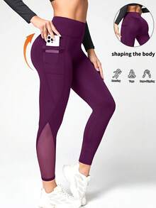 Easithlete Easithlete 网眼口袋拼接运动紧身裤，适合瑜伽 - Bold Plum - 查看 3