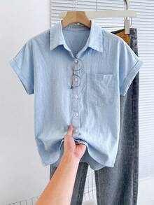 SHEIN Franclia 女士新款春夏蓝色100%纯棉宽松休闲衬衫，带口袋，适合日常、度假、海滩、办公室、工作、优雅场合、通勤等。 - 藍色 - 查看 5